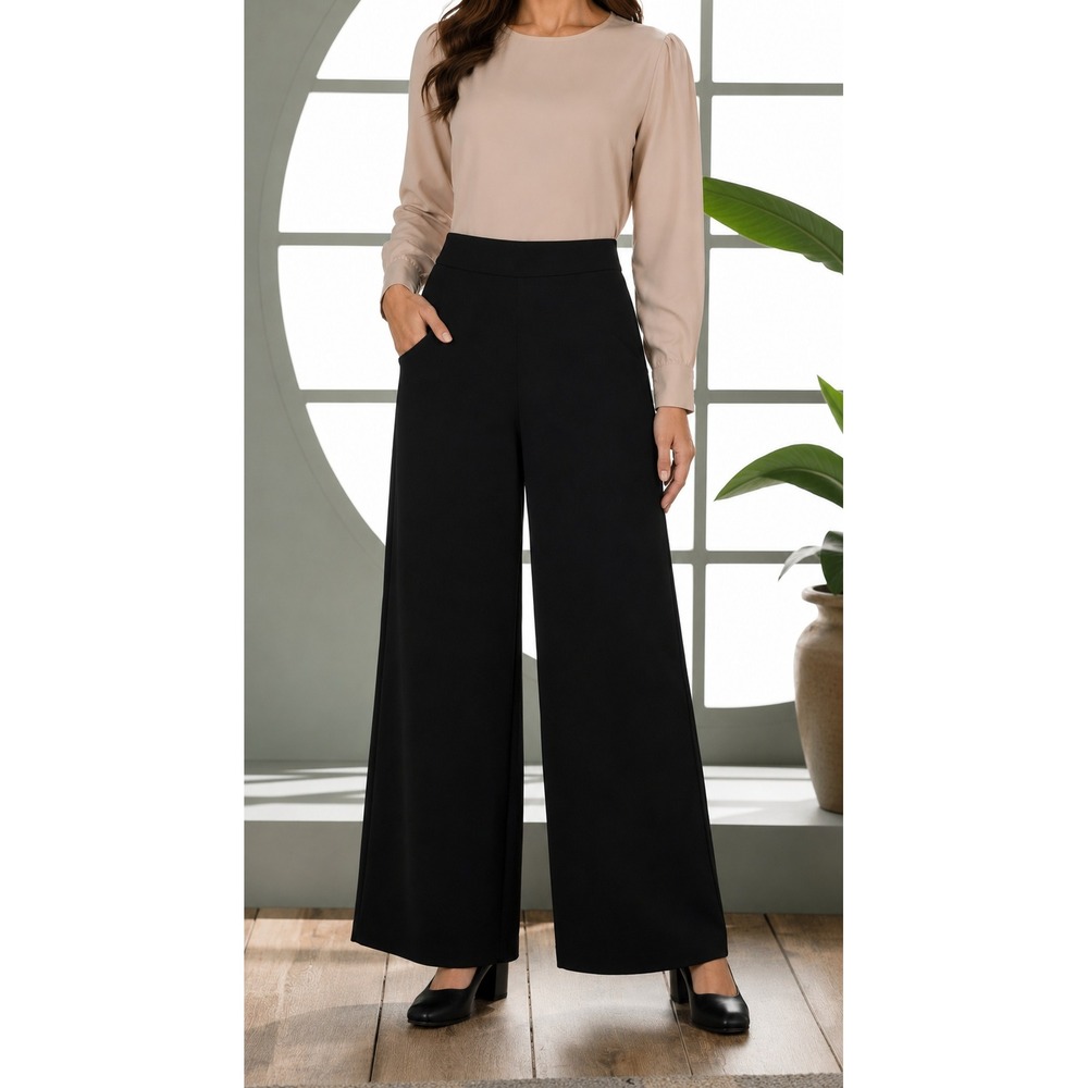 Max Studio Black Wide Leg Pants S High Rise Pull On Dress Trousers Classic